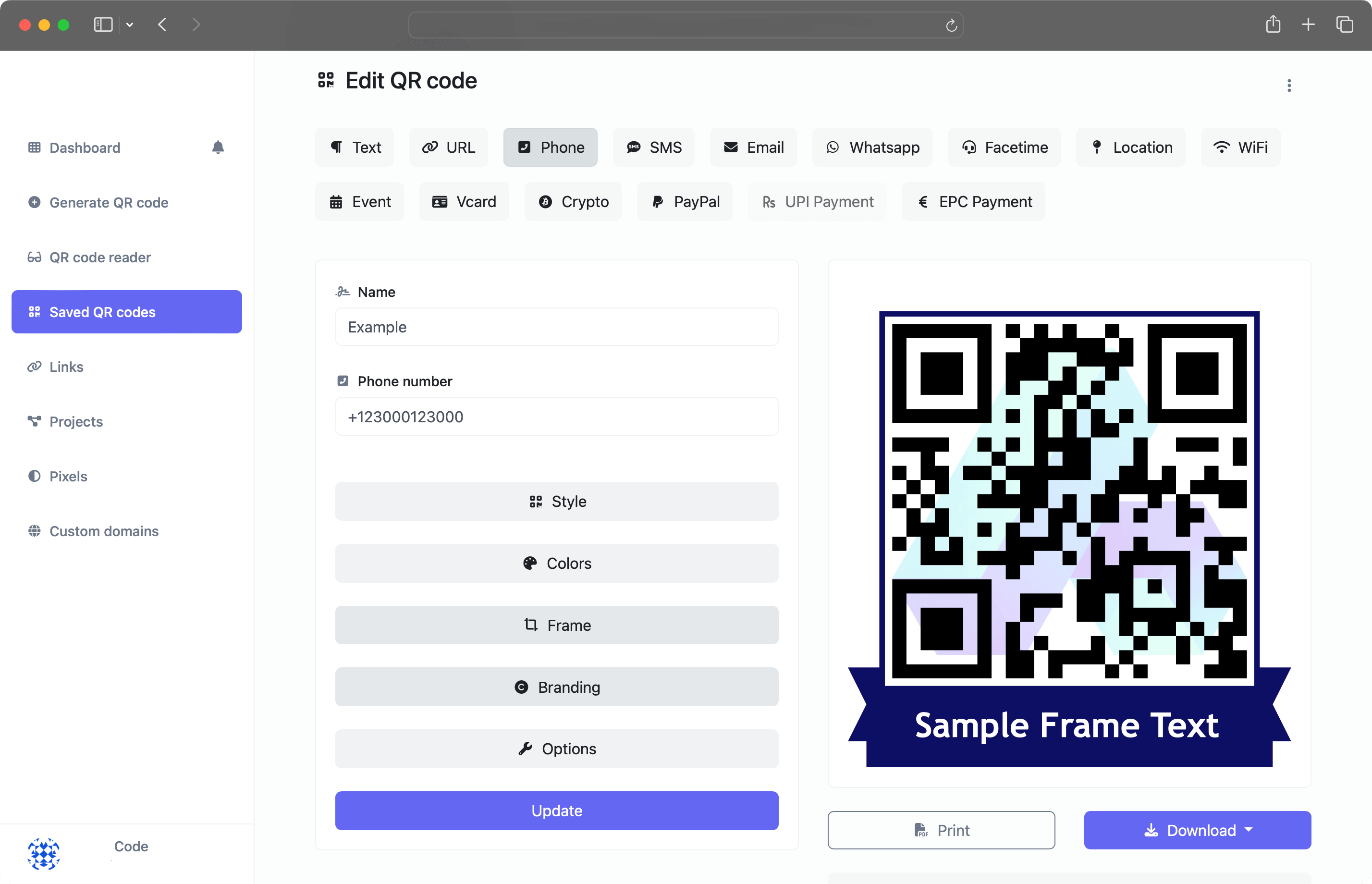 Screenshot of the QR code generator page